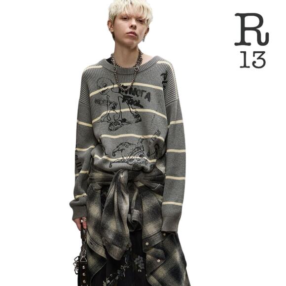 NWT R13 Gray Striped Boyfriend Sweater - Small (Unisex) - Picture 4 of 10